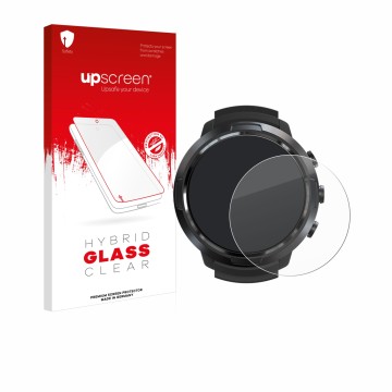 Parte frontal de un envase de producto con el logotipo de la marca upscreen. Al lado se muestra el dispositivo Suunto D5 con s