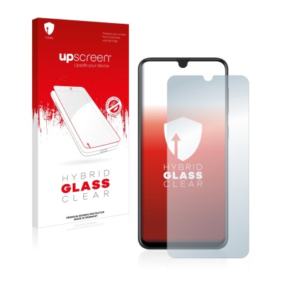 Vorderseite einer Produktverpackung mit dem Markenlogo upscreen. Daneben ist das Gerät Samsung Galaxy A20 mit dem zugehörigen 