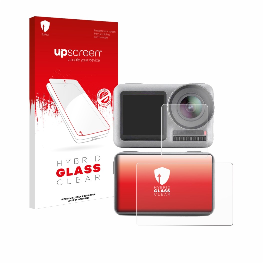 Parte frontal de un envase de producto con el logotipo de la marca upscreen. Al lado se muestra el dispositivo DJI Osmo Action