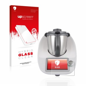 Parte frontal de un envase de producto con el logotipo de la marca upscreen. Al lado se muestra el dispositivo Vorwerk Bimby T