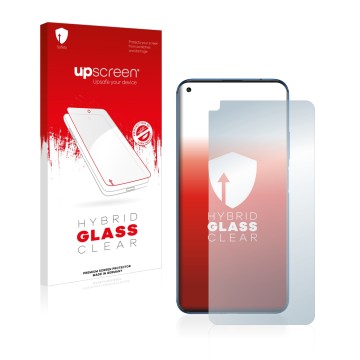 Parte frontal de un envase de producto con el logotipo de la marca upscreen. Al lado se muestra el dispositivo Huawei Nova 5T 