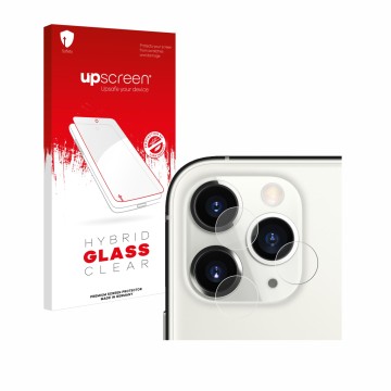 Face avant d’un emballage produit avec le logo de la marque upscreen. À côté, l’appareil Apple iPhone 11 Pro (Caméra UNIQUEMEN