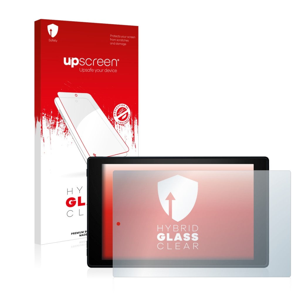 Vorderseite einer Produktverpackung mit dem Markenlogo upscreen. Daneben ist das Gerät Amazon Fire HD 10 2019 (9. Gen.) mit de
