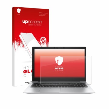 Parte frontal de un envase de producto con el logotipo de la marca upscreen. Al lado se muestra el dispositivo HP EliteBook 85
