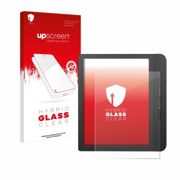 Face avant d’un emballage produit avec le logo de la marque upscreen. À côté, l’appareil Tolino Vision 5 est représenté avec l