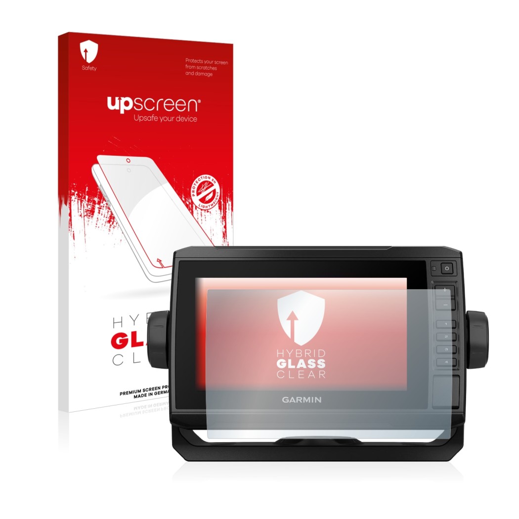 Parte frontale di una confezione del prodotto con il logo del marchio upscreen. Accanto è raffigurato il dispositivo Garmin EC
