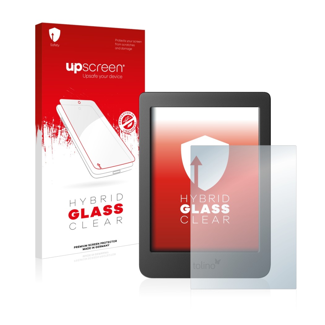 Face avant d’un emballage produit avec le logo de la marque upscreen. À côté, l’appareil Tolino Page 2 est représenté avec la 