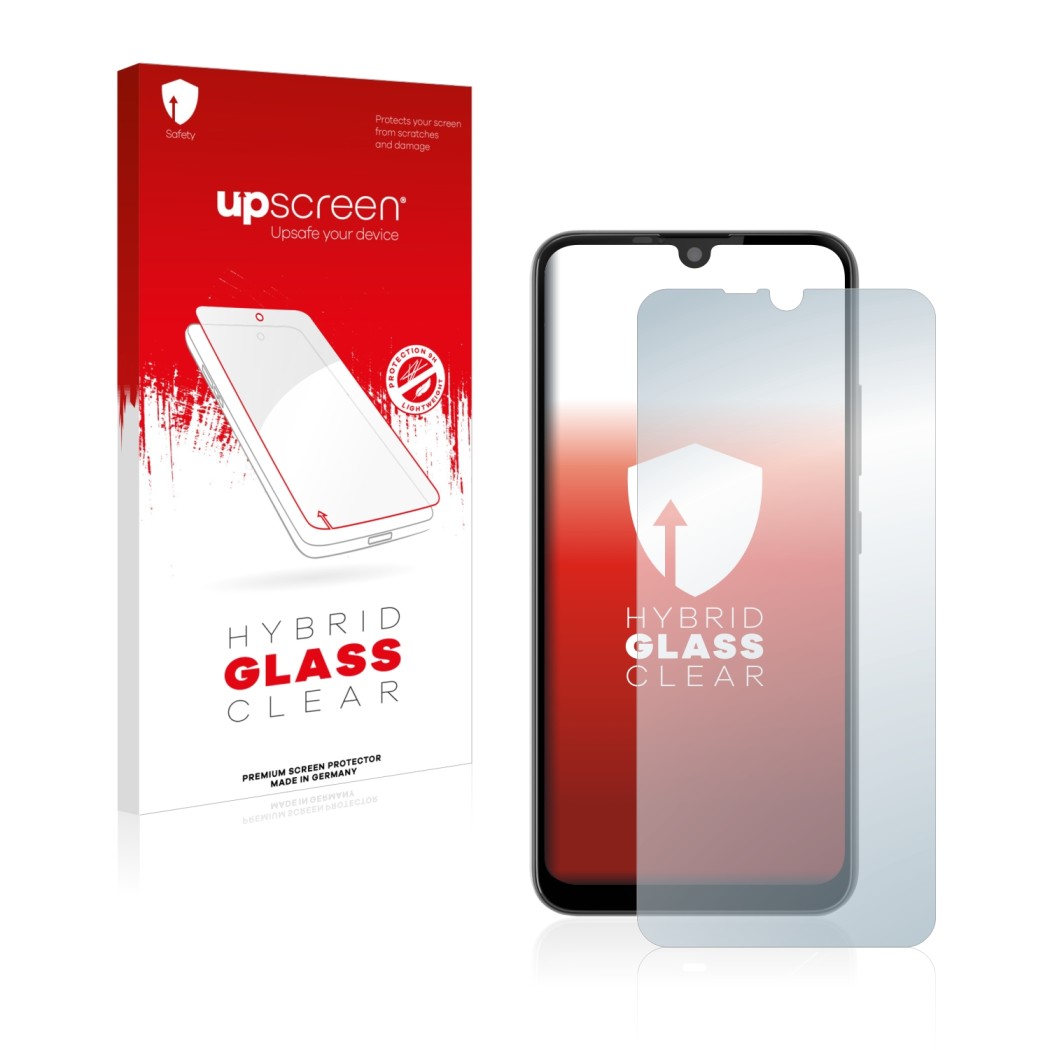 Face avant d’un emballage produit avec le logo de la marque upscreen. À côté, l’appareil Gigaset GS190 est représenté avec la 