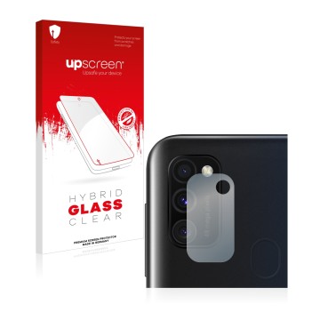 Front side of a product packaging with the brand logo upscreen. Next to it is the device Samsung Galaxy M30s (ONLY Camera Lens