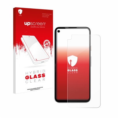 Parte frontal de un envase de producto con el logotipo de la marca upscreen. Al lado se muestra el dispositivo Google Pixel 4a