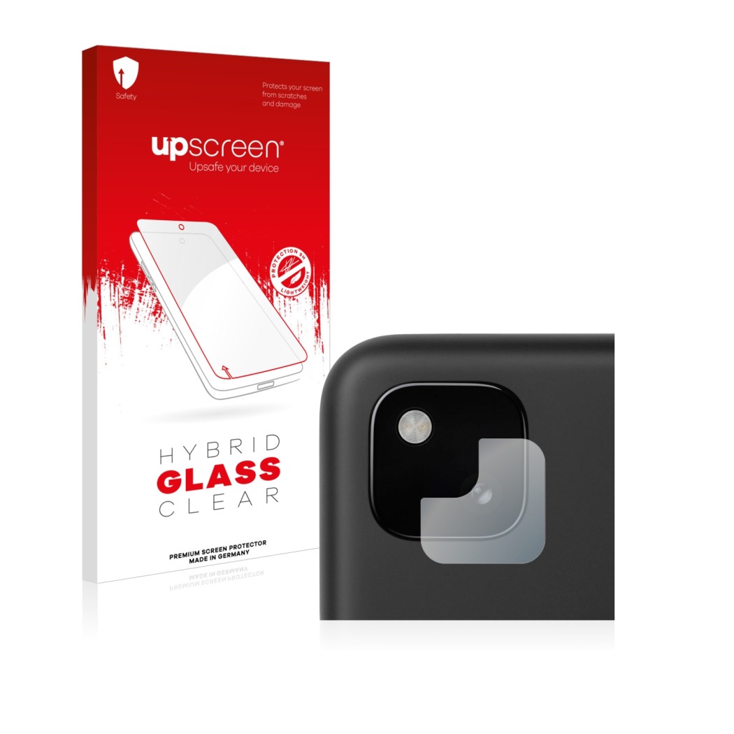 Parte frontal de un envase de producto con el logotipo de la marca upscreen. Al lado se muestra el dispositivo Google Pixel 4a