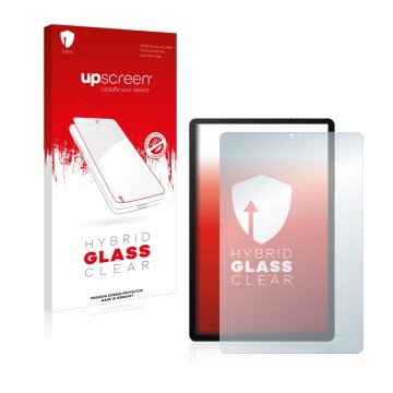 Parte frontal de un envase de producto con el logotipo de la marca upscreen. Al lado se muestra el dispositivo Samsung Galaxy 