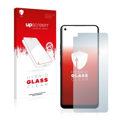 Face avant d’un emballage produit avec le logo de la marque upscreen. À côté, l’appareil LG K51S est représenté avec la protec