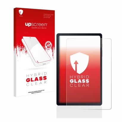 Face avant d’un emballage produit avec le logo de la marque upscreen. À côté, l’appareil Samsung Galaxy Tab S6 Lite LTE 2020 e