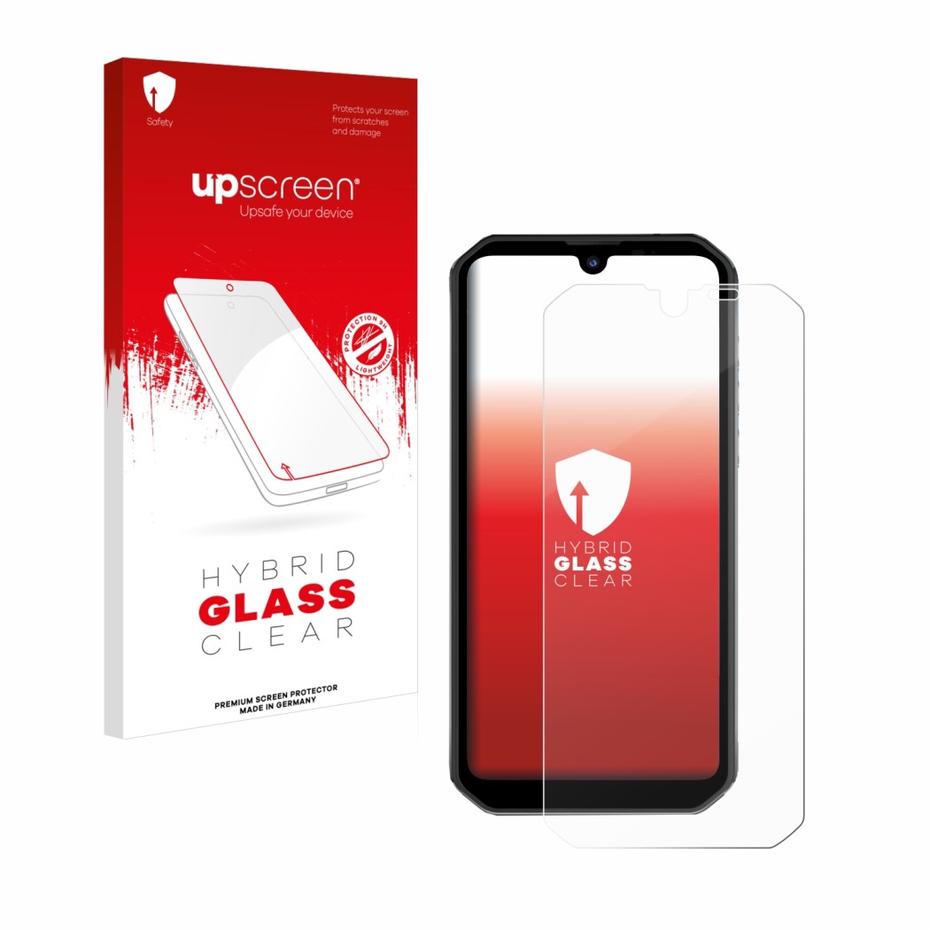 Face avant d’un emballage produit avec le logo de la marque upscreen. À côté, l’appareil Blackview BV9900 Pro est représenté a
