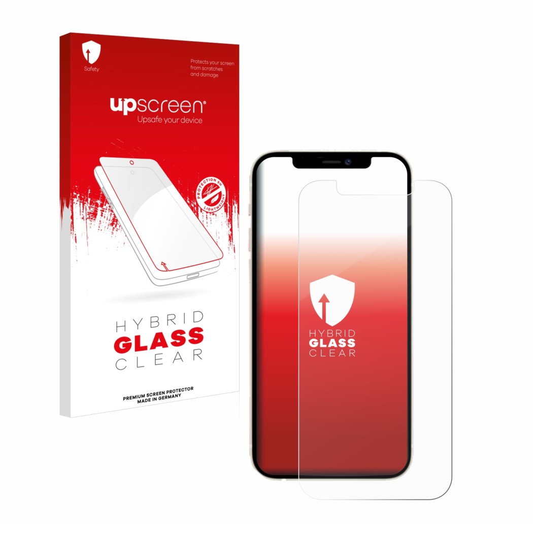 Face avant d’un emballage produit avec le logo de la marque upscreen. À côté, l’appareil Apple iPhone 12 est représenté avec l