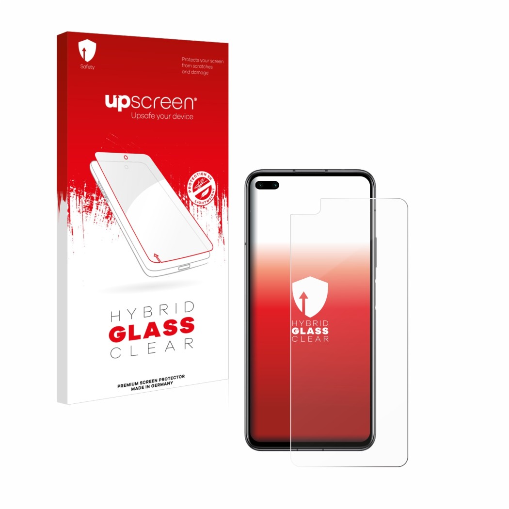 Parte frontal de un envase de producto con el logotipo de la marca upscreen. Al lado se muestra el dispositivo Honor Play 4 Pr