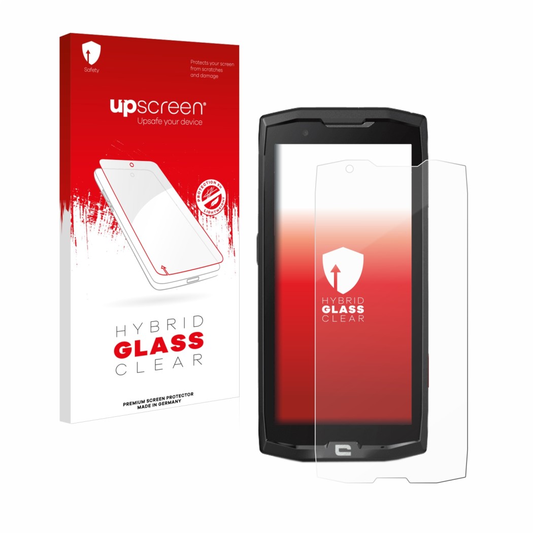 Face avant d’un emballage produit avec le logo de la marque upscreen. À côté, l’appareil Crosscall Core X4 est représenté avec