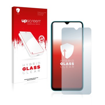 Face avant d’un emballage produit avec le logo de la marque upscreen. À côté, l’appareil Xiaomi Redmi 9A est représenté avec l