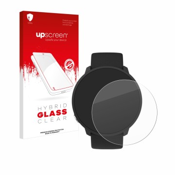 Vorderseite einer Produktverpackung mit dem Markenlogo upscreen. Daneben ist das Gerät Polar Unite mit dem zugehörigen Display