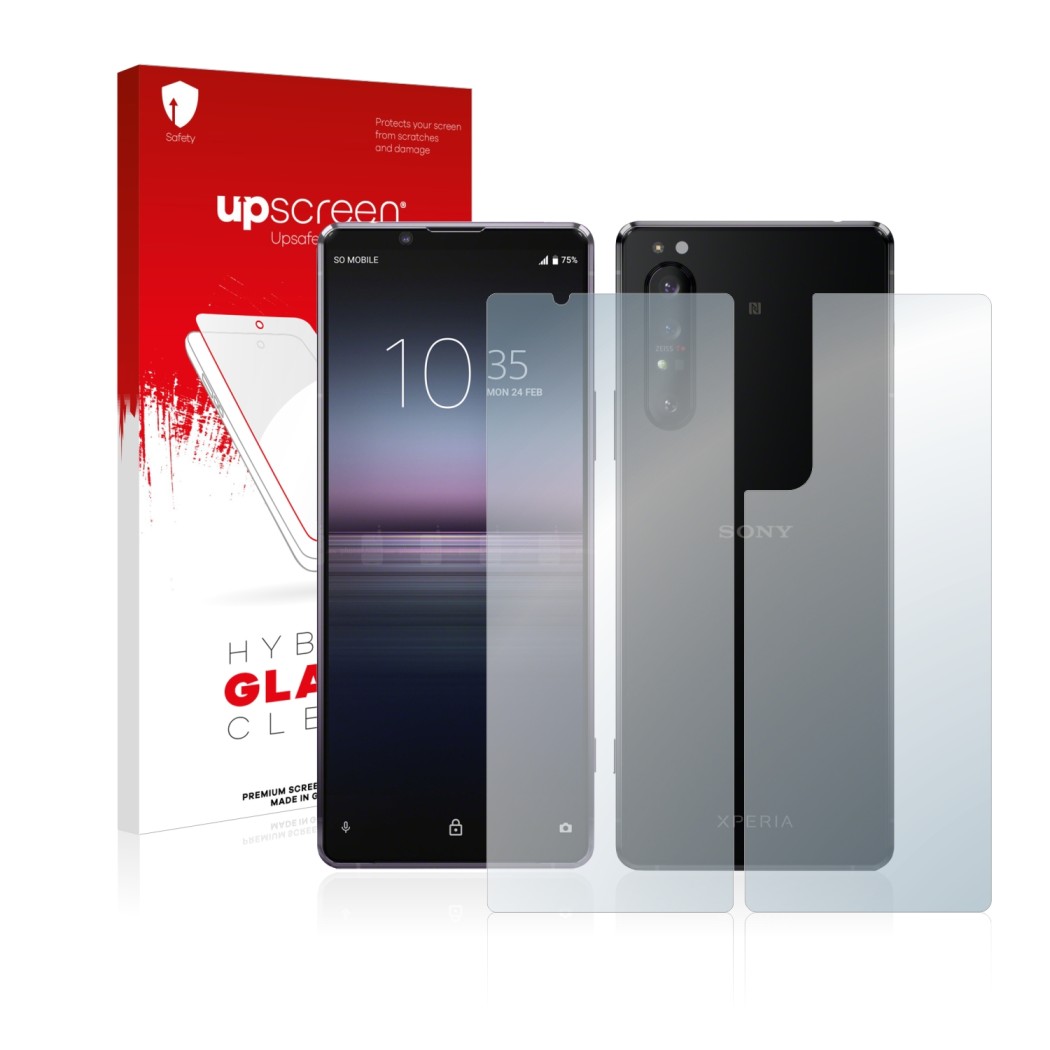 Front side of a product packaging with the brand logo upscreen. Next to it is the device Sony Xperia 1 II (Front+Back) shown w