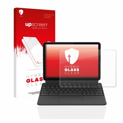 Parte frontal de un envase de producto con el logotipo de la marca upscreen. Al lado se muestra el dispositivo Lenovo IdeaPad 