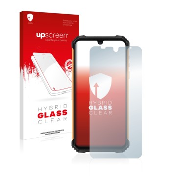 Face avant d’un emballage produit avec le logo de la marque upscreen. À côté, l’appareil Ulefone Armor 8 est représenté avec l