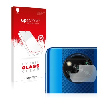 Front side of a product packaging with the brand logo upscreen. Next to it is the device Xiaomi Poco X3 NFC (ONLY Camera Lens)