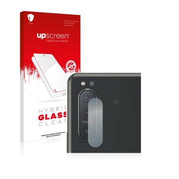 Parte frontal de un envase de producto con el logotipo de la marca upscreen. Al lado se muestra el dispositivo Sony Xperia 5 I