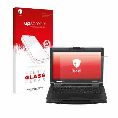 Parte frontal de un envase de producto con el logotipo de la marca upscreen. Al lado se muestra el dispositivo Panasonic Tough