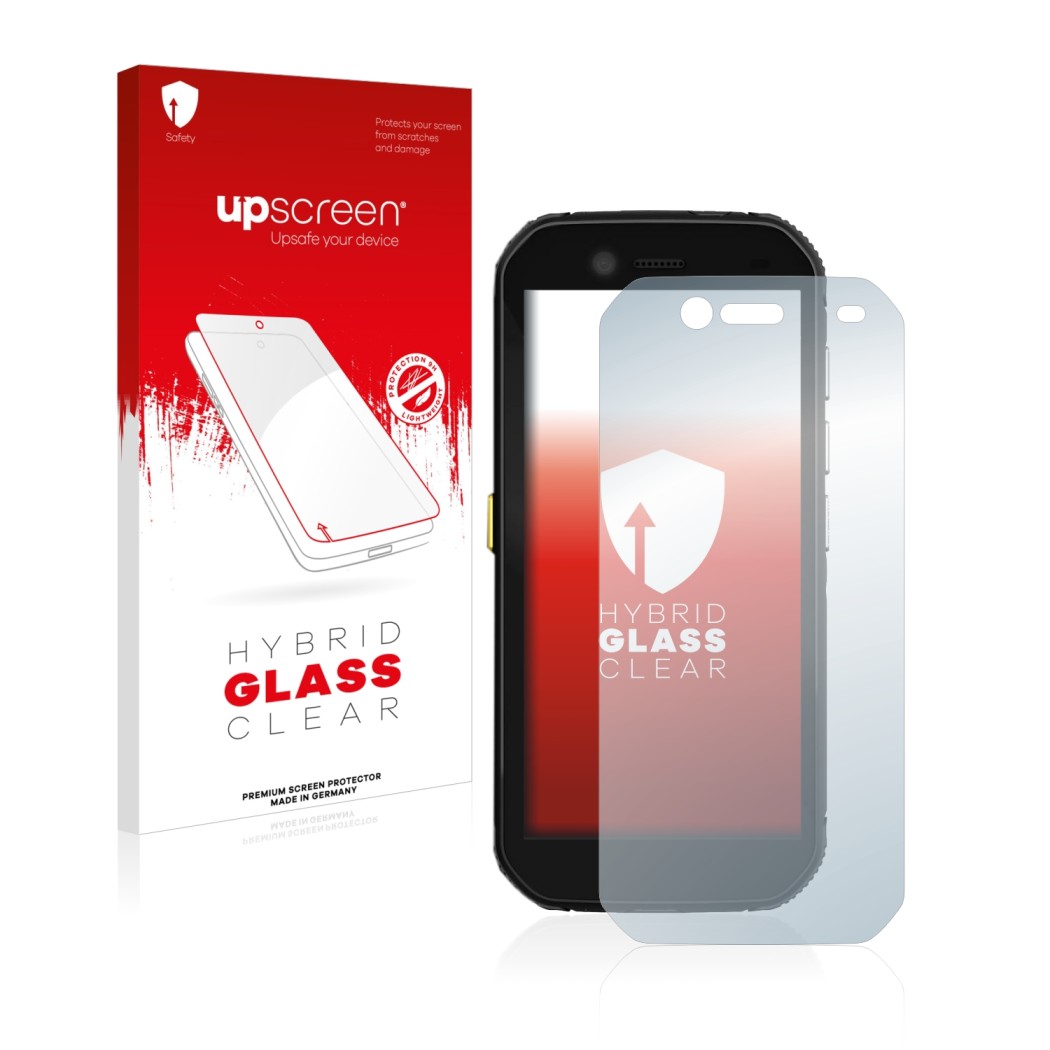 Face avant d’un emballage produit avec le logo de la marque upscreen. À côté, l’appareil Caterpillar Cat S42 est représenté av