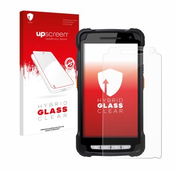 Parte frontal de un envase de producto con el logotipo de la marca upscreen. Al lado se muestra el dispositivo Point Mobile PM