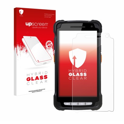 Parte frontal de un envase de producto con el logotipo de la marca upscreen. Al lado se muestra el dispositivo Point Mobile PM