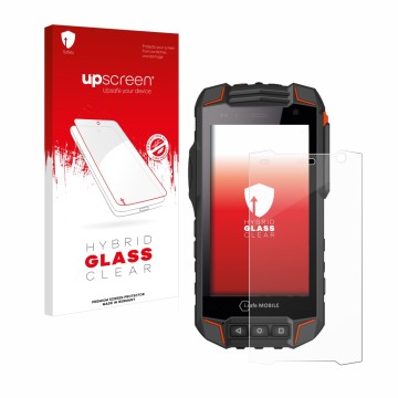 Parte frontal de un envase de producto con el logotipo de la marca upscreen. Al lado se muestra el dispositivo i.safe MOBILE I
