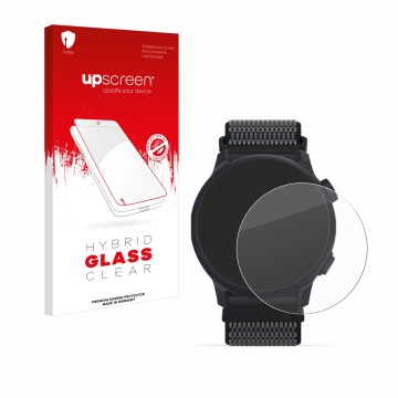 Face avant d’un emballage produit avec le logo de la marque upscreen. À côté, l’appareil Coros Pace 2 est représenté avec la p