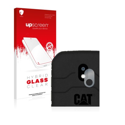 Face avant d’un emballage produit avec le logo de la marque upscreen. À côté, l’appareil Caterpillar Cat S42 (Caméra UNIQUEMEN