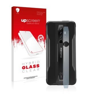 Parte frontal de un envase de producto con el logotipo de la marca upscreen. Al lado se muestra el dispositivo Blackview BV630