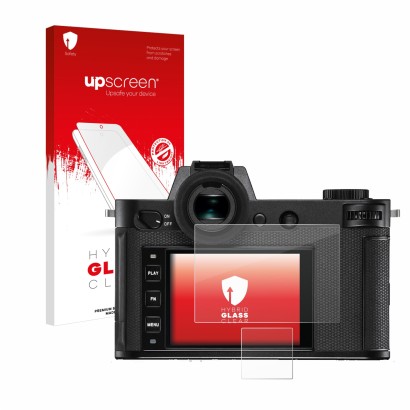 Face avant d’un emballage produit avec le logo de la marque upscreen. À côté, l’appareil Leica SL2-S est représenté avec la pr