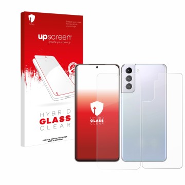 Front side of a product packaging with the brand logo upscreen. Next to it is the device Samsung Galaxy S21 Plus 5G (Front+Bac