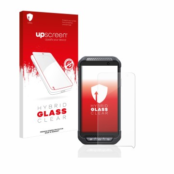 Face avant d’un emballage produit avec le logo de la marque upscreen. À côté, l’appareil Point Mobile PM85 est représenté avec