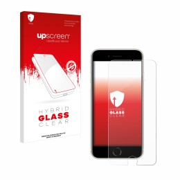 Parte frontal de un envase de producto con el logotipo de la marca upscreen. Al lado se muestra el dispositivo Apple iPhone SE