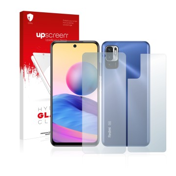 Face avant d’un emballage produit avec le logo de la marque upscreen. À côté, l’appareil Xiaomi Redmi Note 10 5G (Avant+Arrièr