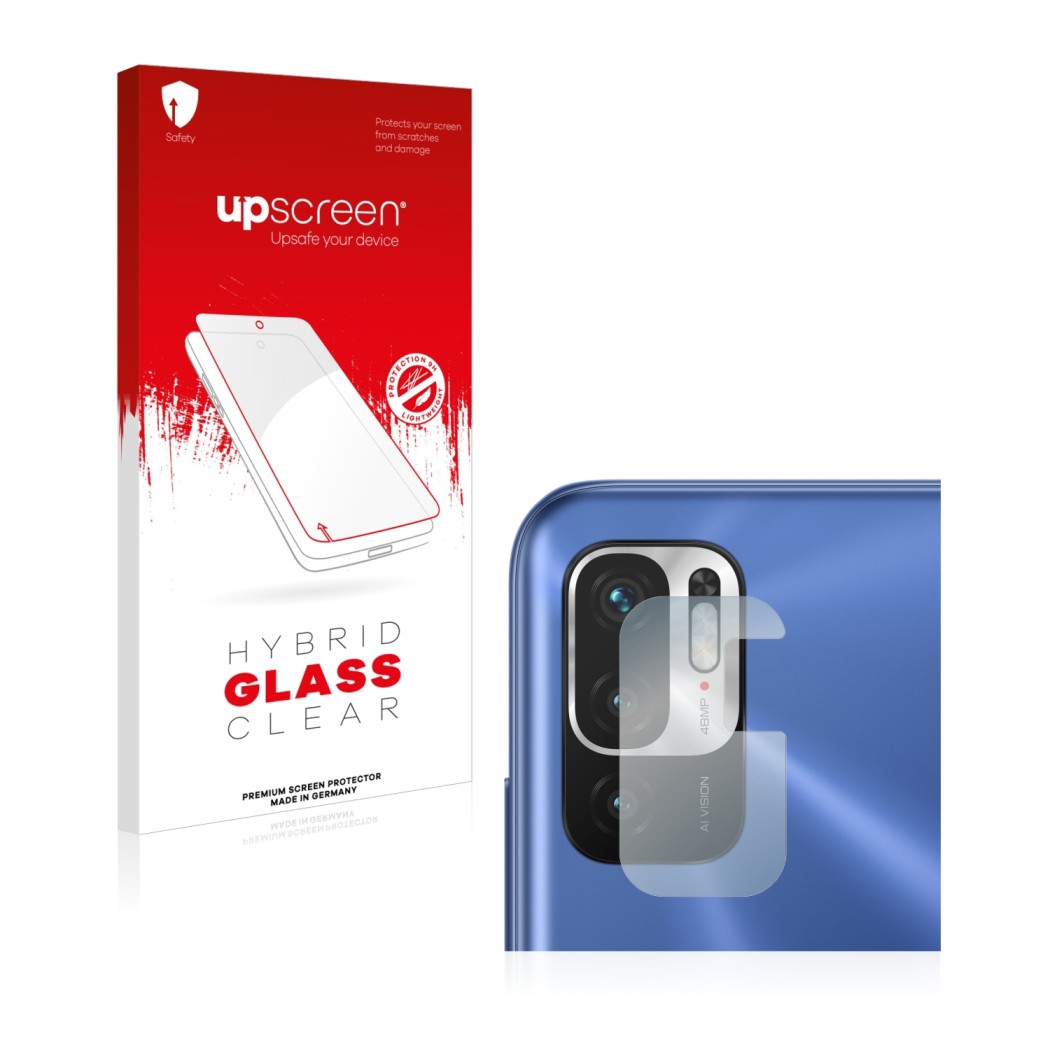 Face avant d’un emballage produit avec le logo de la marque upscreen. À côté, l’appareil Xiaomi Redmi Note 10 5G (Caméra UNIQU