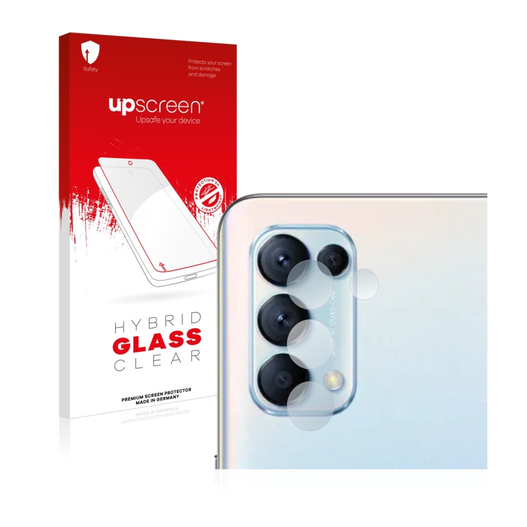 Face avant d’un emballage produit avec le logo de la marque upscreen. À côté, l’appareil Oppo Find X3 Lite (Caméra UNIQUEMENT)