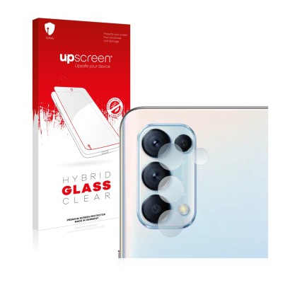 Face avant d’un emballage produit avec le logo de la marque upscreen. À côté, l’appareil Oppo Find X3 Lite (Caméra UNIQUEMENT)