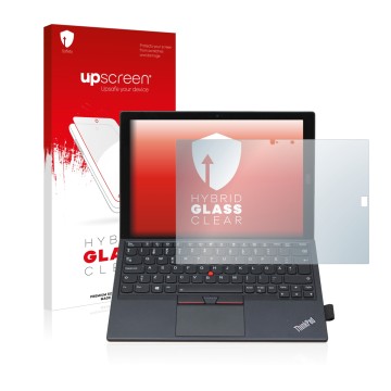 Face avant d’un emballage produit avec le logo de la marque upscreen. À côté, l’appareil Lenovo ThinkPad X1 Tablet Gen 2 est r