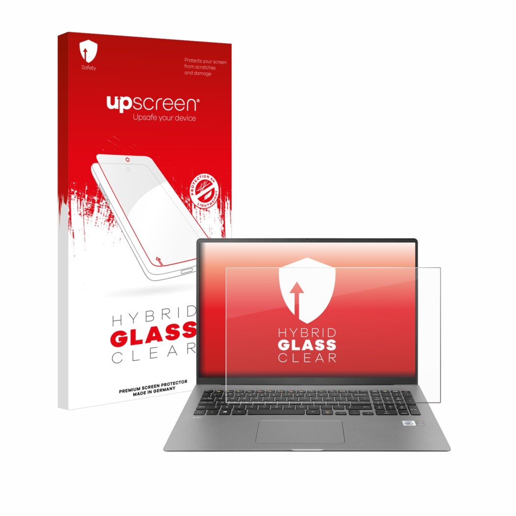 Face avant d’un emballage produit avec le logo de la marque upscreen. À côté, l’appareil LG gram 17'' 2021 est représenté avec