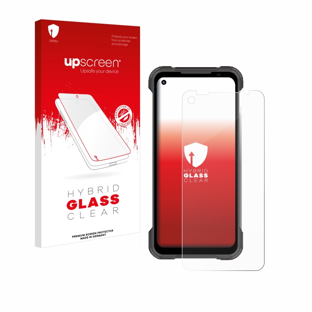 Parte frontal de un envase de producto con el logotipo de la marca upscreen. Al lado se muestra el dispositivo Doogee S97 Pro 