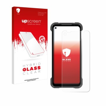 Parte frontal de un envase de producto con el logotipo de la marca upscreen. Al lado se muestra el dispositivo Doogee S97 Pro 
