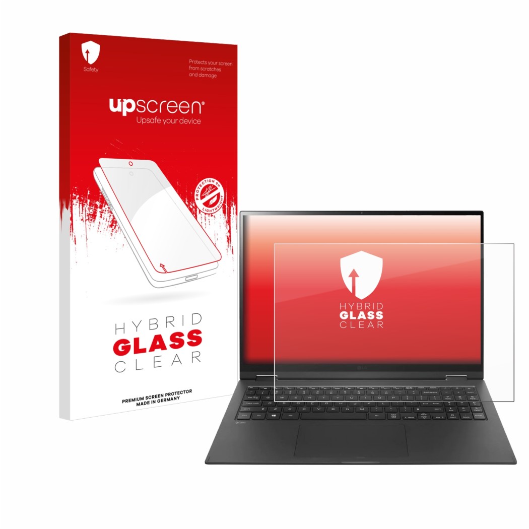 Face avant d’un emballage produit avec le logo de la marque upscreen. À côté, l’appareil LG gram 16'' 2-in-1 Touch est représe